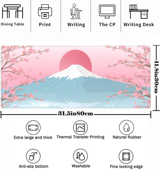 Aesthetic Japanese Cherry Blossom Desk Mat Cute Pastel Blue Color XL Sakura Gaming Mouse Pad Anime Mousepad for Women Desk Office Girl Gamer Cherry Blossoms Mouse Pads Fun Desktop Mat 31.5x11.8 in