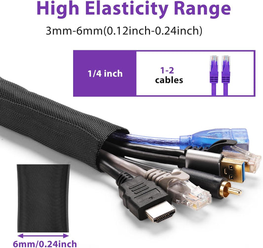 Cable Management Sleeve YCLYC 8.2ft - 1/4inch, Cable Wrap Cord Covers for Pets, Easy Install Cable Sleeves Cord Management, Flexible Computer Cord Organizer for Cords, Black Cable Covers