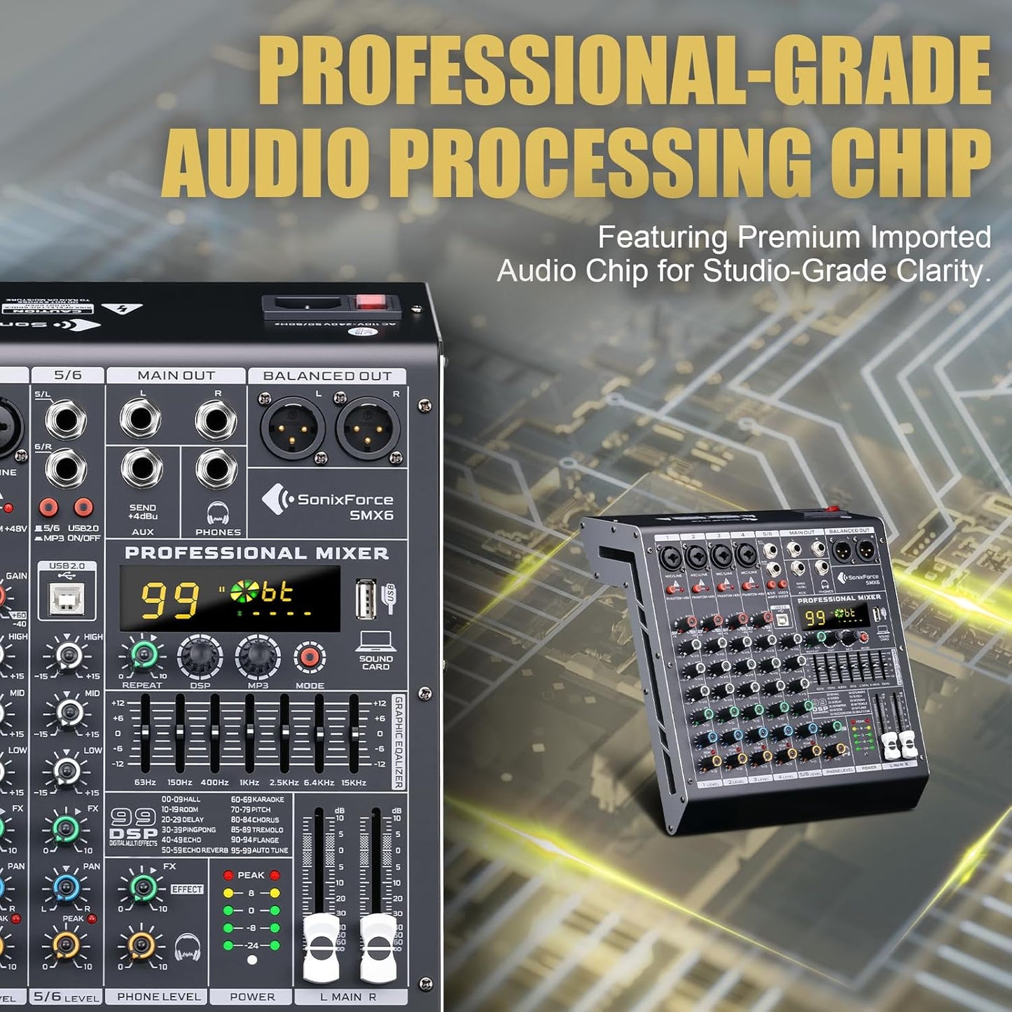 6 Channel Audio Mixer Sound Board Console System 99 DSP DJ Mixer 48V Phantom for Karaoke DJ Studio Streaming Recording