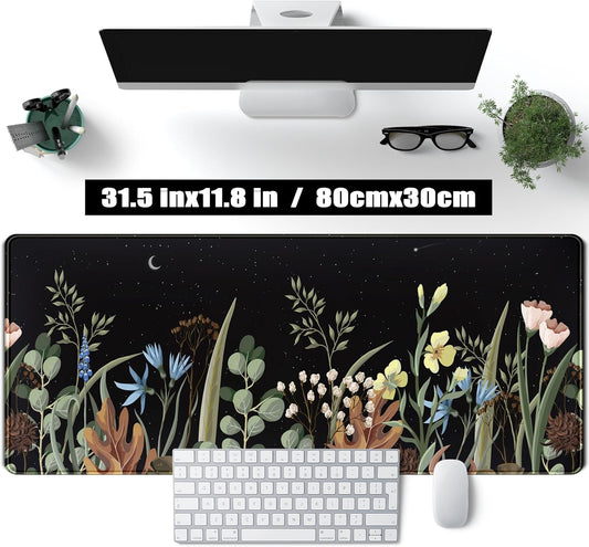 Cute Gaming Black Wild Flowers Desk Mat Mouse Pad Star Moon Floral Mousepad Large, XL Big Computer Keyboard and Mouse Mat Desk Pad Mat with Stitched Edge for Women Office Decor Deskmat 31.5x11.8 in