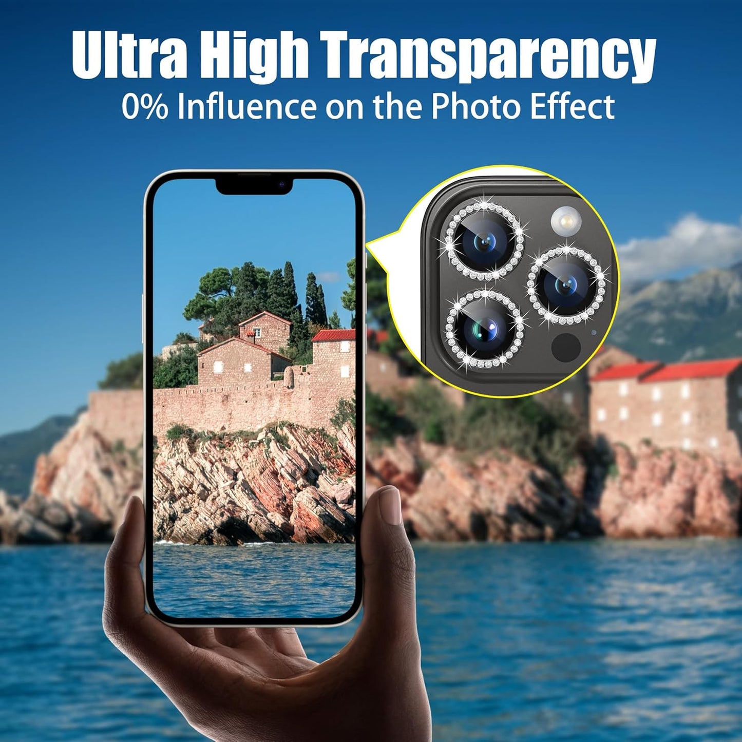 AGVEE 3+3 6 Pack for iPhone 15 Pro 6.1" / 15 Pro Max 6.7" Camera Lens Protector, Bling Diamond & Bling Glitter Metal Ring 9H Tempered HD Glass Camera Protector Cover Film, Bling-Black