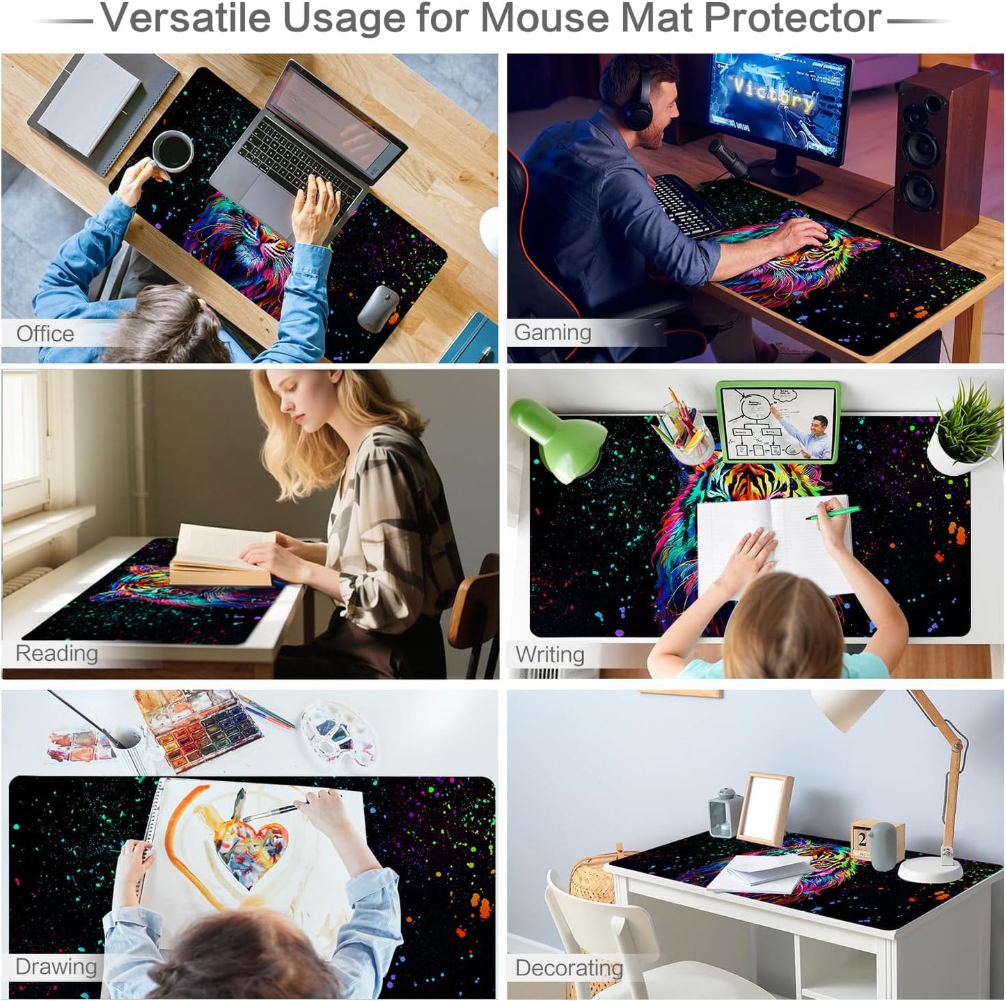 Lokigo Cool Tiger Desk Pad, Large Gaming Mouse Pad 31.5"x15.7", Waterproof Big Mouse Pad for Desk Rubber Base Desk Matt with Stitched Edges Keyboard Mousepad for Laptop, Game, Work, Study