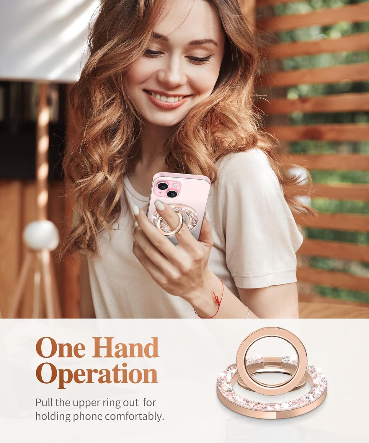 GVIEWIN Magnetic Phone Ring Holder, Compatible with MagSafe Phone Grip with Adjustable Stand, Magnet Phone Ring Kickstand for iPhone 16 Pro Max/Plus/15/14/13/12 Series/Other Phones, Glitter/Pink Gold