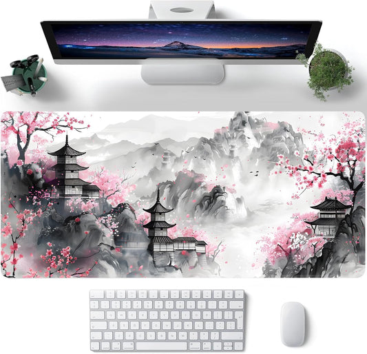 Japanese Cherry Blossom Large Mouse Pad,Gaming Keyboard Desk Pad,Extended Mouse Mat Non-Slip Rubber Base with Stitched Edges for Office Game Home XXL 35.4"x15.7"