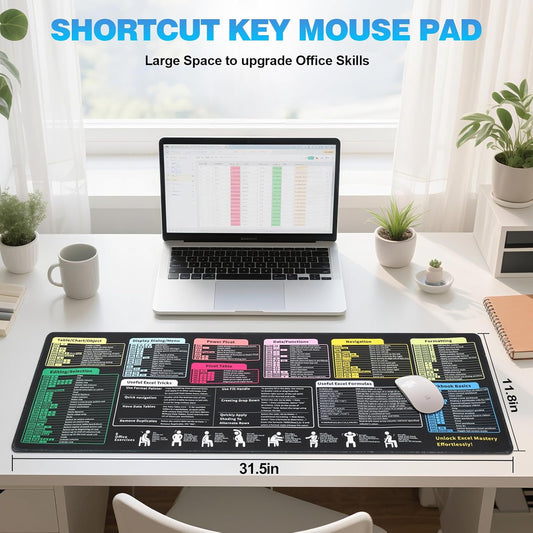 Linoows Excel Shortcut Keys Mouse Pad, Extra Large 31.5 x 11.8 Inch Gaming Mouse Mat, PC Spreadsheet Keyboard Mousepad, Waterproof Non-Slip Desk Pad with Stitched Edge