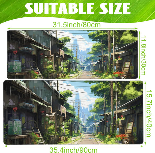 Anime Abandoned Town Desk Mat, Large Gaming Mouse Pad with Non-Slip Base and Stitched Edge, 31.5"x11.8"