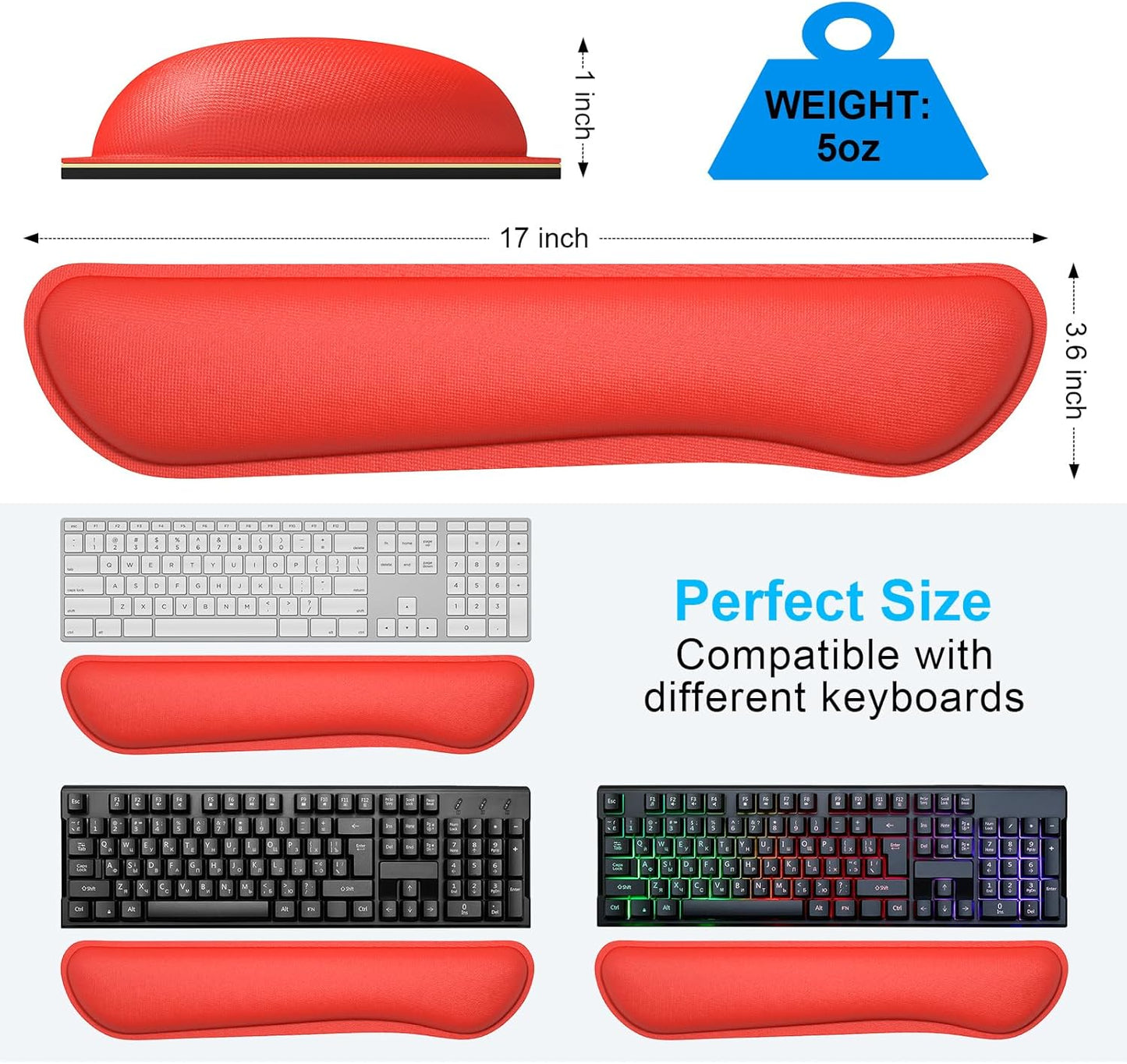 Dapesuom Enlarge Keyboard Wrist Rest, Cute Memory Foam Keyboard Wrist Cushion for Computer Desk Mats Support, Typing Pain Relief Ergonomic Mouse Pad Rests with Non-Slip Base for Gaming, Laptop, Red