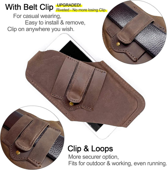 TobbinGear Leather Cell Phone Holster with Belt Clip, Leather Belt Pouch, Universal Phone Case on Belt for Men, Phone Holder for Smartphone, Right Handed, Dark Brown, Medium
