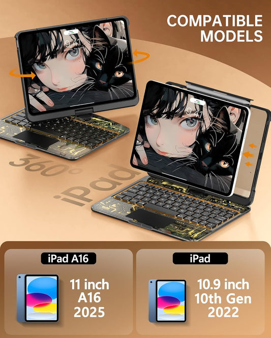 Intermerge iPad A16 11th (2025) & 10th Generation 10.9" Case with Keyboard, 360 Deg Transparent Multi-Touch Trackpad, 7-Color RGB Keyboard, Pencil Holder, Type-C, Shadow Pulse