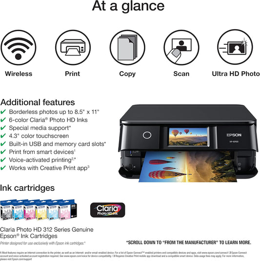 Epson Expression Photo XP-8700 Wireless All-in-One Printer with Built-in Scanner and Copier and 4.3" Color Touchscreen, Black
