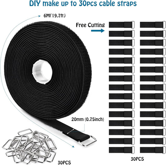 0.75"x19.7ft Hook and Loop Straps with 30 Buckles Adjustable Cut-to-Length Cable Ties - Reusable Nylon Fastening Tape Cable Straps for Storage or Organization (0.75in x 19.7ft)