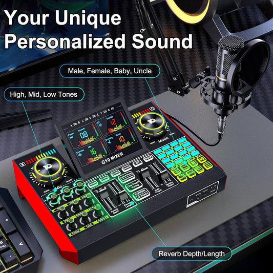 Podcast Equipment Bundle with 3.5mm Condenser Microphone for Pc/Phone Live Streaming Singing Gaming, Podcast Microphone Bundle with Live Sound Card Audio Mixer,Voice Changer, Denoise,DJ Sets