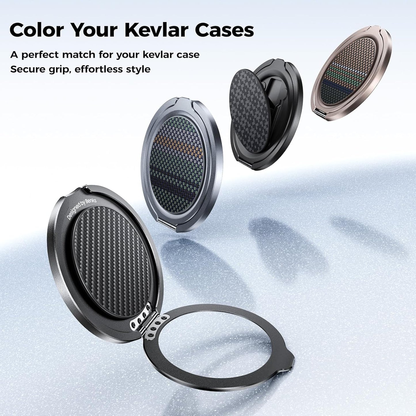 BENKS ArmorPop Magnetic Phone Grip & Stand for MagSafe, 360° Rotation Adjustable Phone Ring Holder for iPhone 17/16/15/14/13/12 Series, Durable Kevlar Design