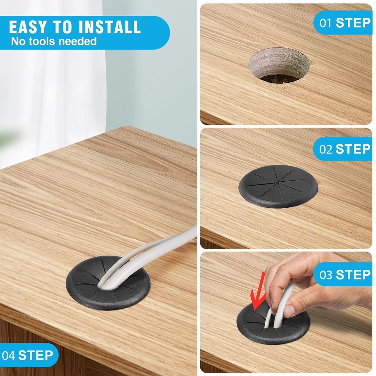 2" Black Desk Grommet, JTemgle Flexible Cable Grommet Rubber Cable Hole Cover Wire Organizer Caps Desktop Cord Management for Home Office TV Stands Tabletops, 10 Pieces