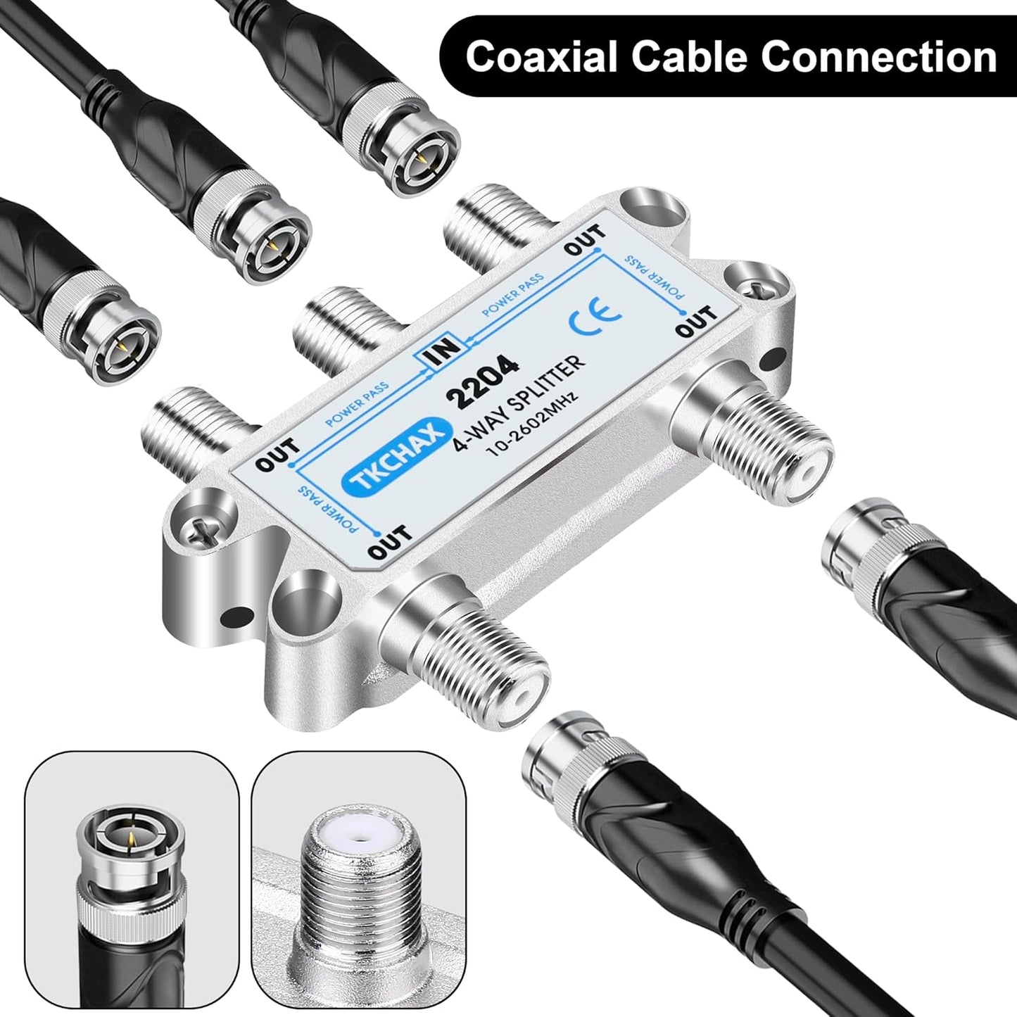 4 Way Coaxial Cable Splitter,Support 10-2602MHz, RG6 Compatible, Nickel-Plated for Cable Splitter,Work with CATV, Satellite TV,Antenna System and MoCA Configurations