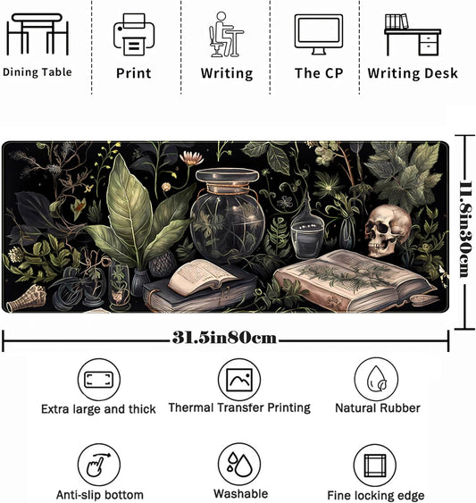 Dark Academia Desk Mat Mouse Pad XL Extended Large Gaming Desk Pad Mousepad, Mystical Green Plant Computer Laptop Keyboard and Mouse Mat, Desktop Protector Mat for Women Girl Office 31.5x11.8 in