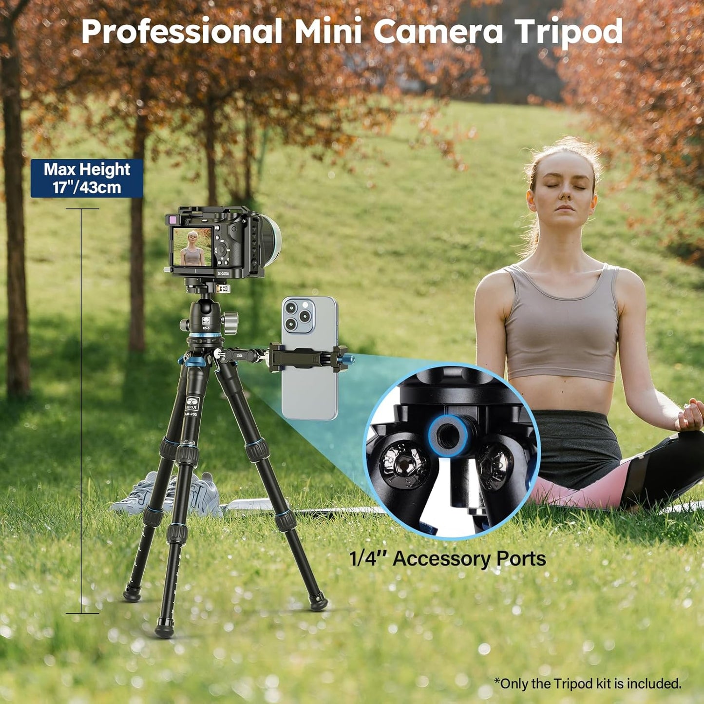 SIRUI Mini Tripod with 360° Panoramic Ball Head, Tabletop Travel Tripod for Camera, Quick Release System, Max Load 33lbs/15KG, Max Height 16.7”, AM-203+KS-5 (AM-203+KS-5)