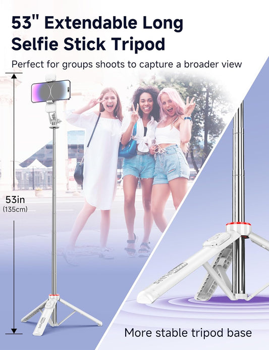 Selfie Stick Tripod with 2 Light, 3 Light Modes & 6 Brightness Levels Extendable Phone Tripod with Detachable Remote & Phone Holder, Portable Camera Tripod Compatible with iphone16 15 14 13/Android