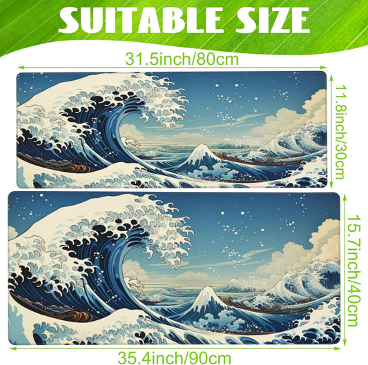 Desk Mat,Blue Japanese Sea Wave Desk Pad,Japanese Sea Wave Large Gaming Mouse Pad for Desk,Extended Big Computer Keyboard Mouse Pad with Non-Slip Base and Stitched Edge,31.5"x11.8"