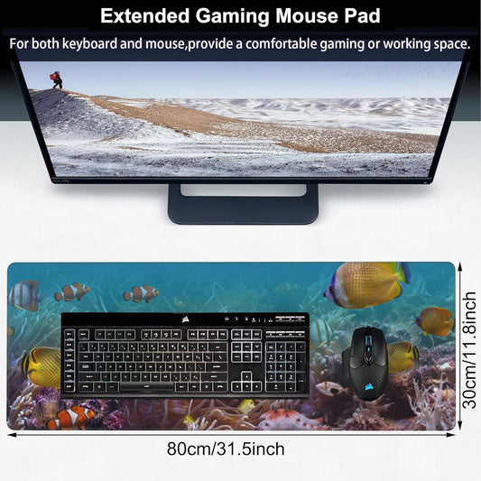 Vibrant Underwater World Desk Mat,Large Tropical Fishes on Coral Reefs Gaming Keyboard Mouse Pad,Non-Slip Rubber Base Desk Pad Thick Stitched Edges Waterproof Mousepad Mouse Mat 31.5"x11.8"
