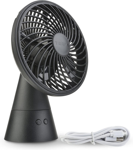 Treva 5 Inch Rechargeable Oscillating Fan with USB Charging Port, 3 Speed Circular Cooling Design, Portable Fan with 60 Degrees of Range for Home or Travel
