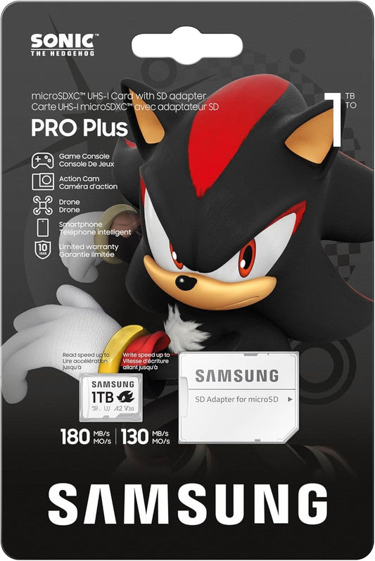 Samsung PRO Plus Sonic The Hedgehog + Adapter, 1TB microSDXC, Up-to 180MB/s, Full HD & 4K UHD, UHS-I, C10, U3, V30, A2, for Nintendo-Switch, Steam Deck, GoPRO, DJI Drone, Tablets (MB-MD1T0SA/LC1)
