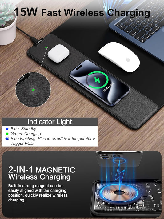 TopMade Mouse Pad with 15W Fast Wireless Charging, 35.43"x15.75" XXXL Large Gaming Waterproof Desk Pad with Ultra-Smooth Surface, Non-Slip Base, Classic Black Computer Desk Mat for MacBook, PC, Laptop