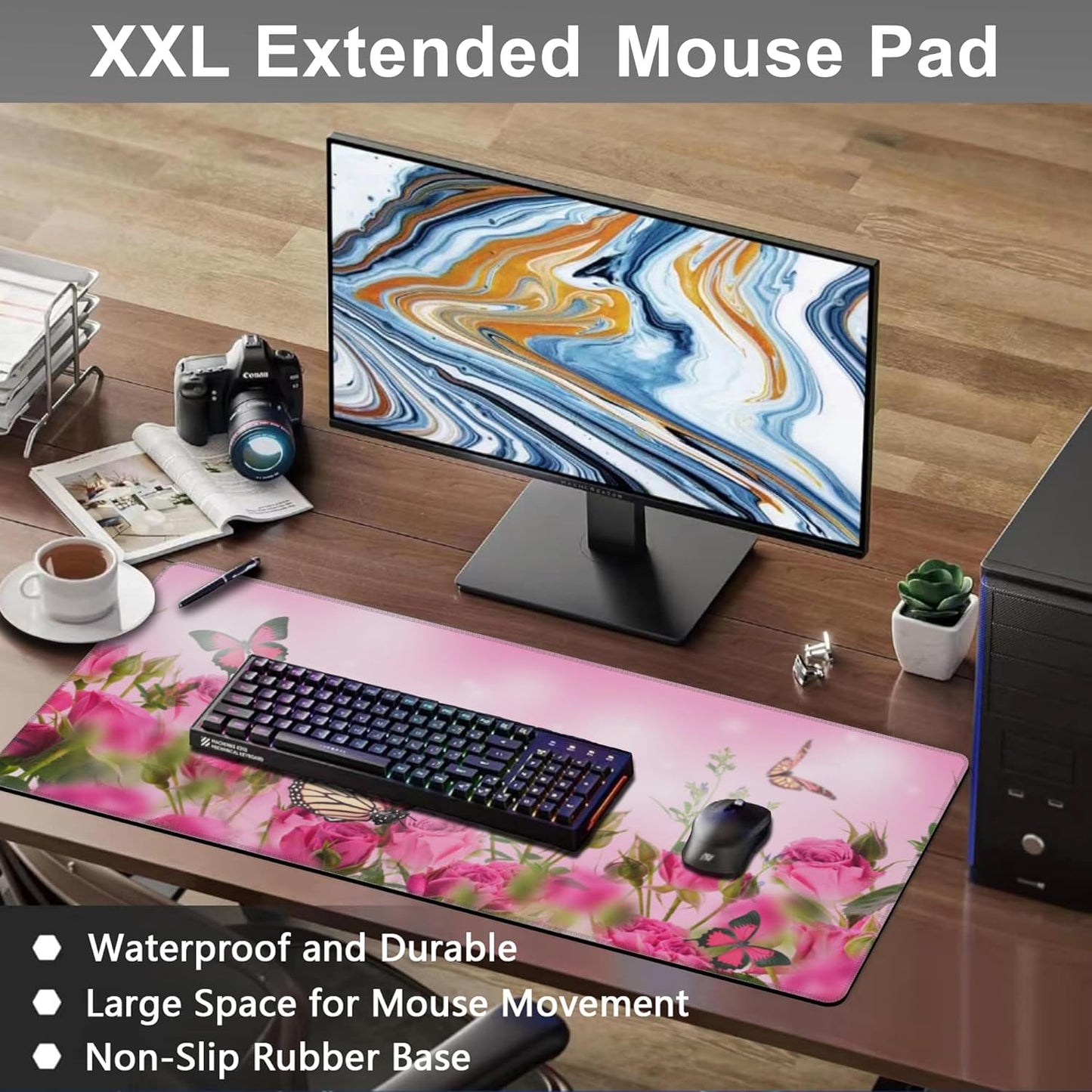 Mouse Pad, Large Pink Roses with Butterflies Desk Mat, Extended Non-Slip Gaming Keyboard Mousepad Desk Pad, Thick Stitched Edges Waterproof Mouse Mat 31.5"x15.7" (Beautiful Spring Floral)