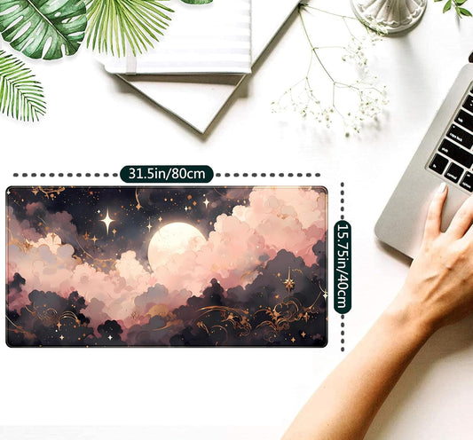 Pink Black Clouds Desk Mat XXL Large Extended Gaming Mouse Pad Celestial Mousepad with Stitched Edges, Office Desktop Decor Desk Pad Computer Mat, Laptop Keyboard and Mouse Mat, 31.5x15.75 in