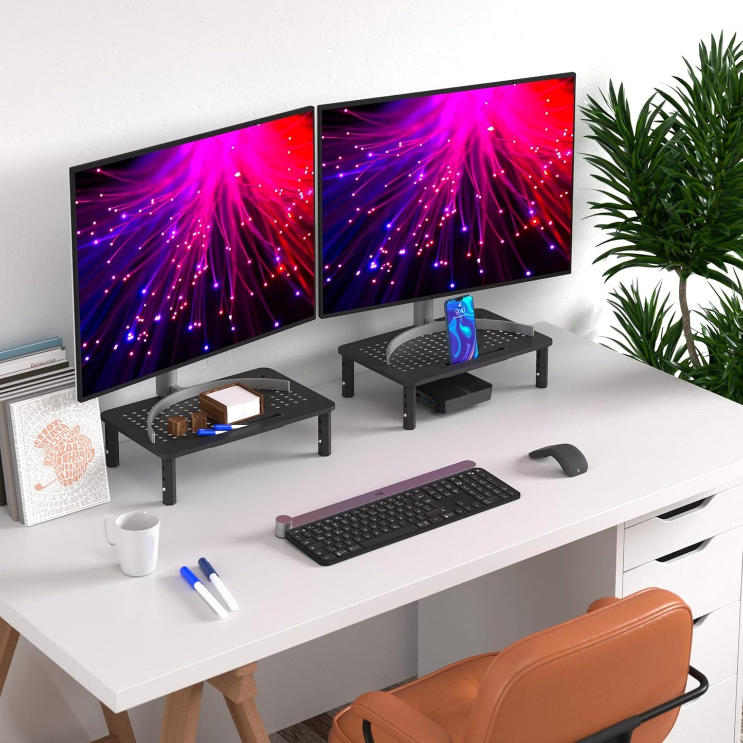 EVOOMI Back Saver Monitor Stand for Desk - 2 Pack Monitor Riser - Anti-Skid HD Hexagonal Steel Computer Stand - Free Cable Ties - Mesh Metal Computer Item Stand - Printer & iMac