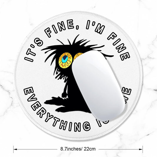 ITNRSIIET Round Mouse Pad with Stitched Edge Premium-Textured Waterproof Non-Slip Rubber Base Desktop Protection Mat Diameter 8.7 inches, Funny Black Cat