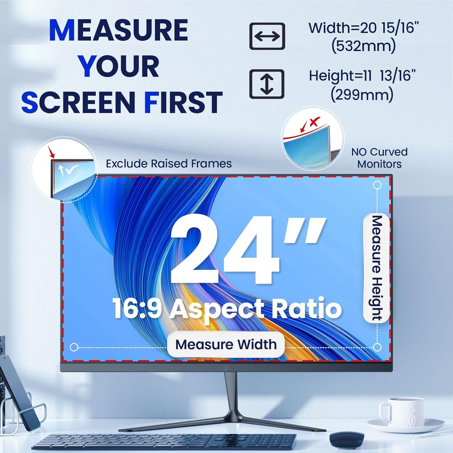 Magnetic 24 Inch Privacy Screen for Frameless Monitor 16:9 Aspect Ratio,Hanging Blue Light Screen Protector Eye Protection Anti-Spy Shield, 24in Removable Privacy Filter