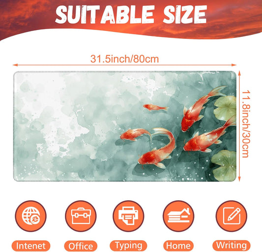 Desk Pad, Watercolor Koi Fish Desk Mat, Koi Fish in Pond Large Gaming Mouse Pad, 31.5"x15.7" Extended Big Computer Keyboard Mouse Pad with Non-Slip Base and Stitched Edge