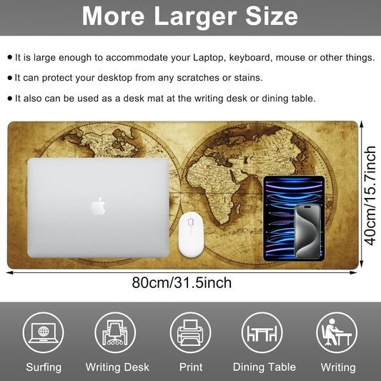 Mouse Pad, Large Antique World Map Desk Mat, Extended Non-Slip Gaming Keyboard Mousepad Desk Pad, Thick Stitched Edges Waterproof Mouse Mat 31.5"x15.7" (Retro World Map)