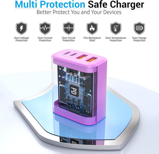 USB C Block 40W, 4 Ports Wall Plug Fast Charging Block, PD+QC Multiport Power Adapter USB C Charger Type C for iPhone 16,15,14,13,12,11, Pro Max, X, Xr, Xs, 8, 7, Watch, Galaxy Phones (Purple 1Pack)