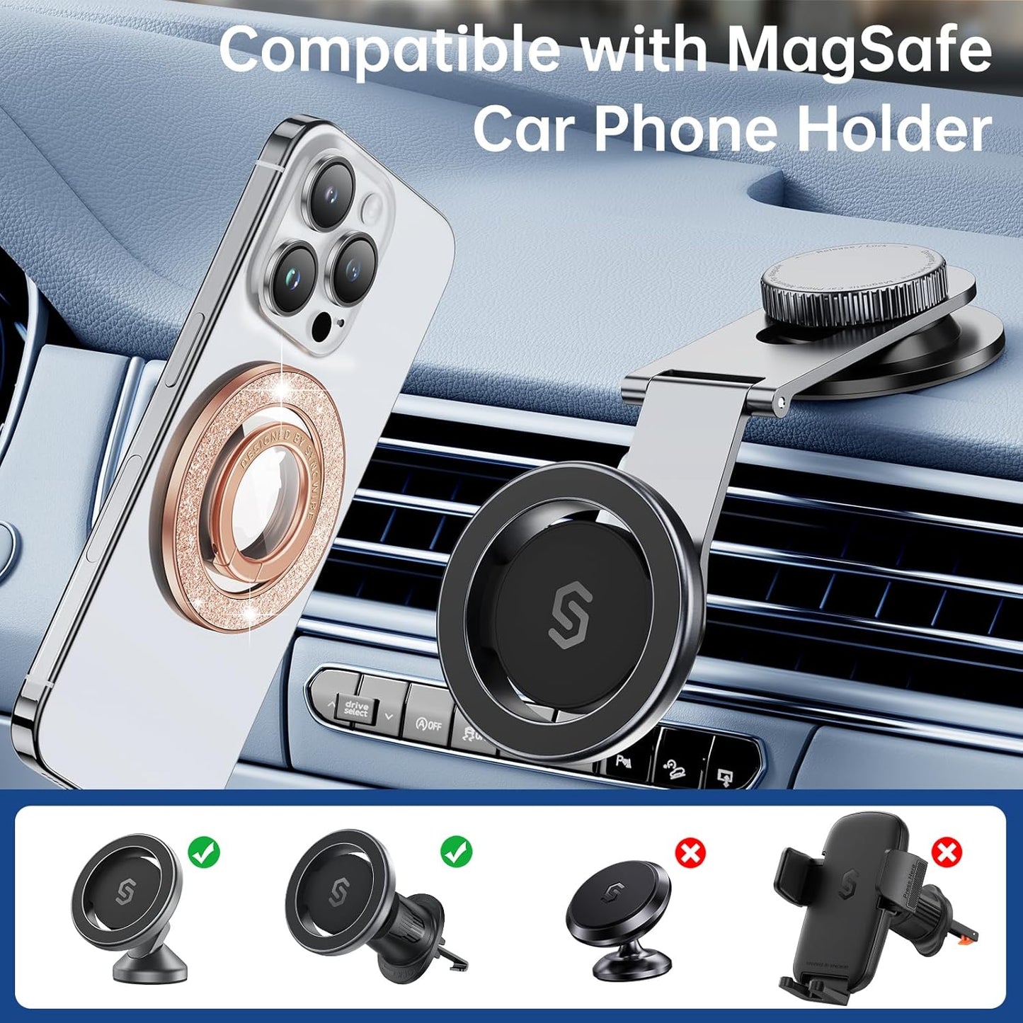 Syncwire Magnetic Phone Grip for MagSafe, Magnetic Sparkle Phone Ring Holder, Rotatable Kickstand Cell Phone Stand Removable MagSafe Accessories for iPhone 15 Pro Max 14 13 12,Android- Rose Gold