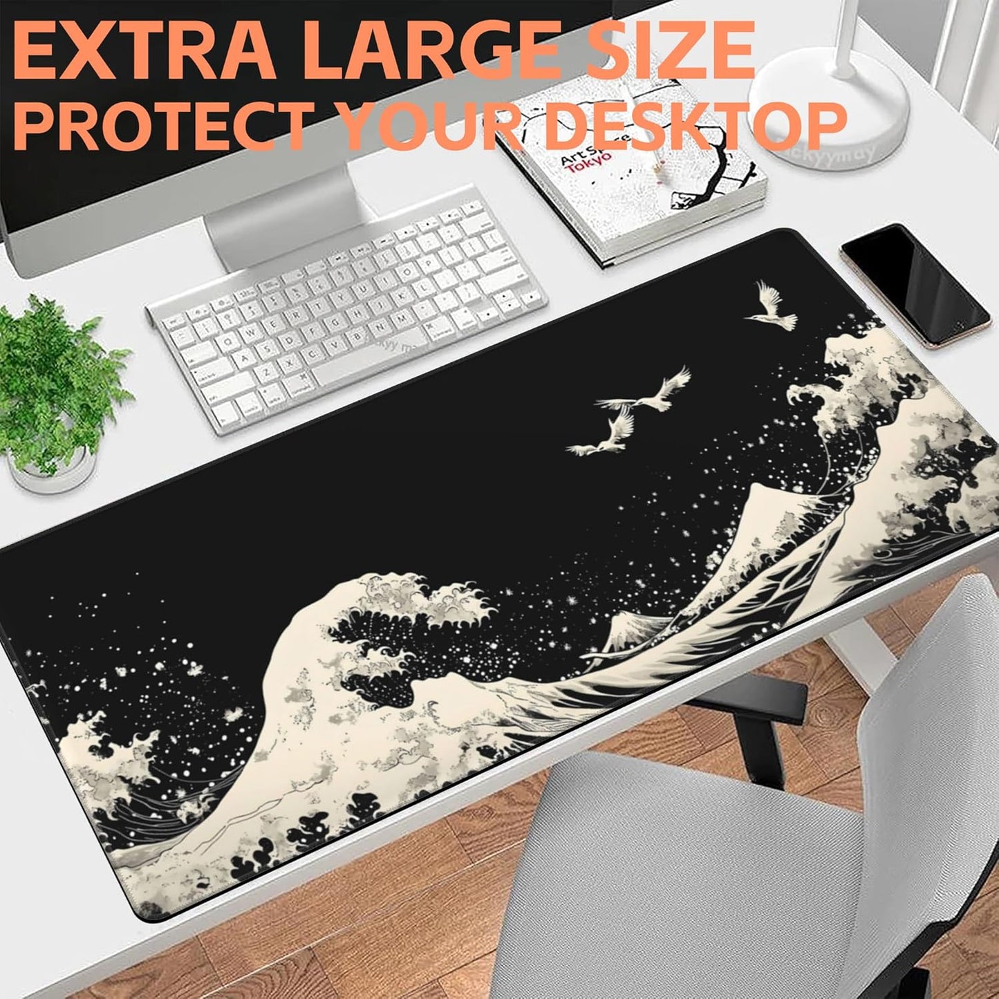 Mouse Pad Large White Wave Non-Slip Gaming Desk Mat with Stitched Edge Laptop Keyboard Desk Pad for Work Home Gaming (35.4 x 15.7 Inches)