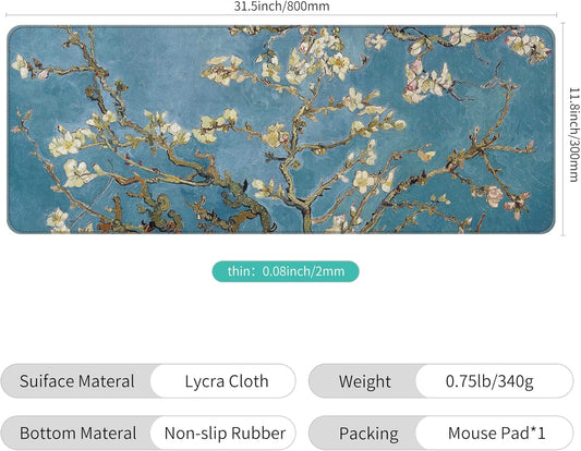 Dynippy Thin Extended Gaming Mouse Pad (31.5 * 11.8 * 0.08 inch) with Stitched Edges Large Mousepad Long XXL Keyboard and Mouse pad Desk Mat for Gaming Office & Home - Almond Blossom