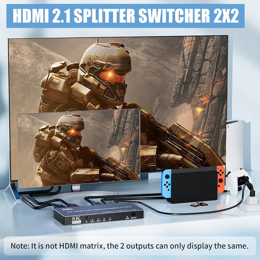 2x2 HDMI Switch Splitter, HDMI 2.1 Switcher 2 in 2 Out 8K@60Hz 4K@120Hz, w/IR Remote Control, Supports HDCP 2.3 HDR, HDR10, HDR 10+, 3D