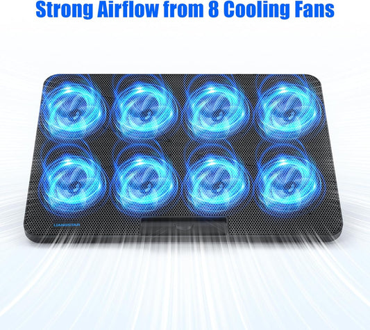 LIANGSTAR Laptop Cooling Pad, Laptop Cooler with 8 Quiet Fans for 12-17 Inch Gaming Laptop Fan Cooling Pad Stable Stand 7 Height & Wind Speed Adjustable, 2 USB Port & Phone Holder