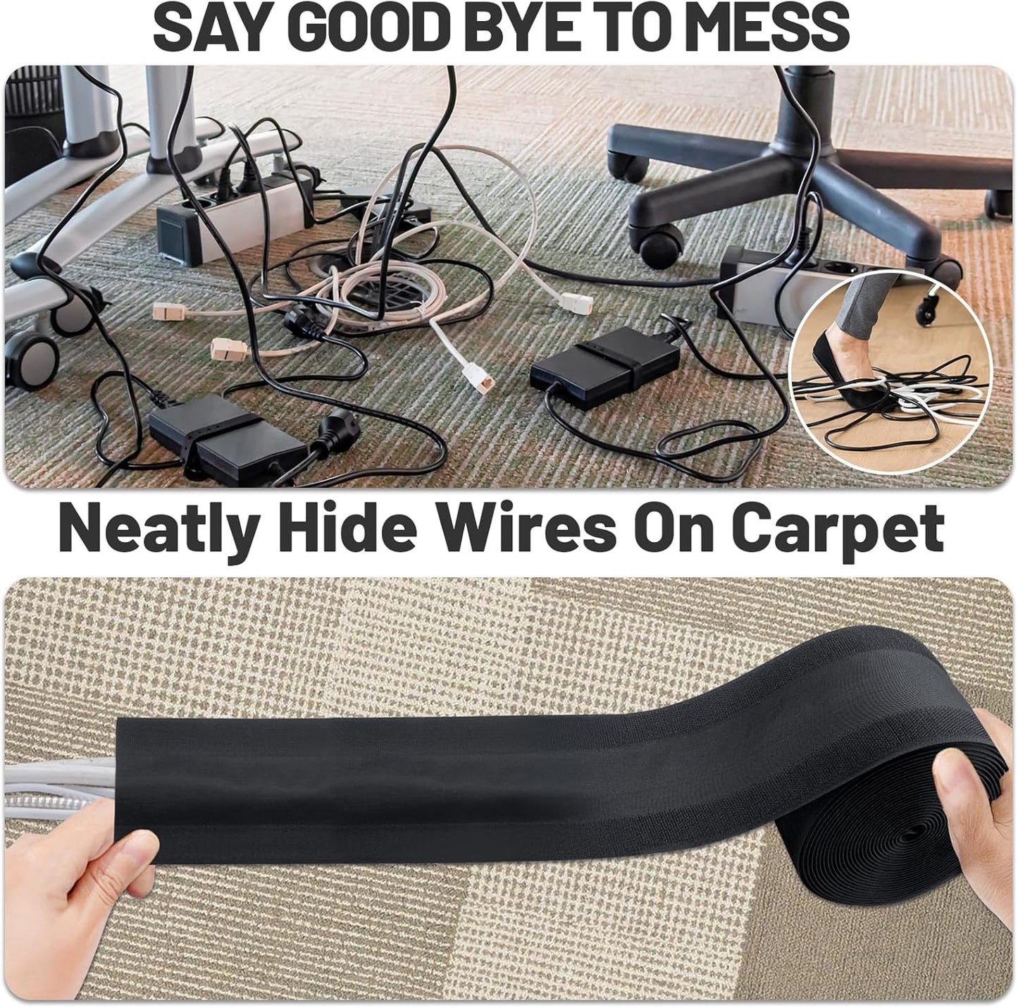 IHKFILAN Carpet Cord Cover Carpet Cable Management Under Desk Cable Grip Strip Black Hook and Loop Tape Cable Polyester Cover Protect Cables to Prevent Tripping Over Wires for Homes & Office(10ft)