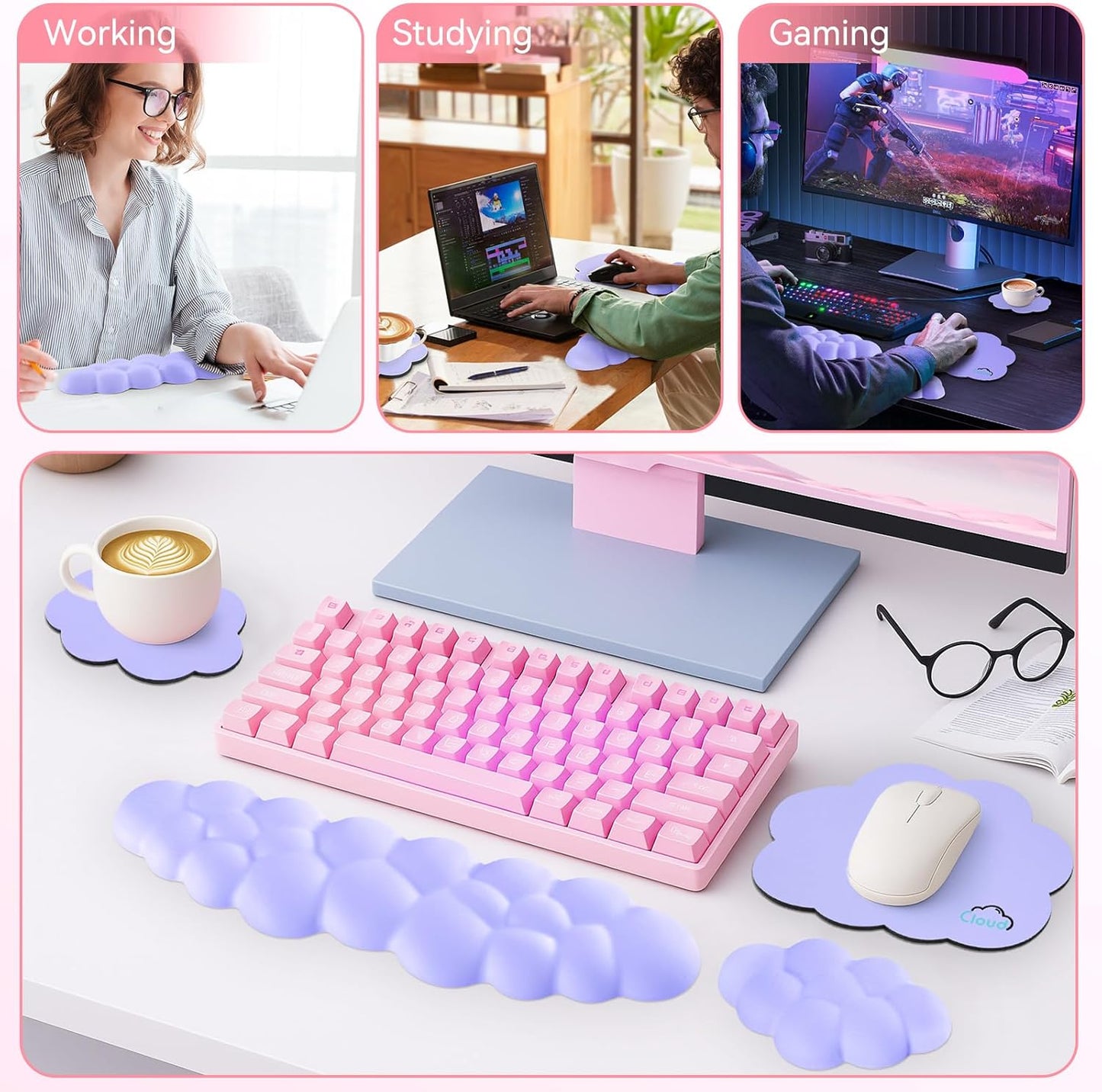 Cloud Wrist Rest for Computer Keyboard, 4-in-1 Memory Foam Leather Cloud Keyboard Wrist Rest and Mouse Pad Set with Ergonomic Support for Arm and Palm Cushion, Gaming/Work Setup, Purple