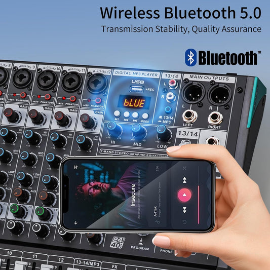 DJ Mixer, TKLBLS Professional 12 Channel Audio Mixer Board with 99-Bit DSP, Sound Board Mixing Console 7-Band EQ Output, USB Audio Interface, Bluetooth 48V Phantom Power For Karaoke Studio Streaming