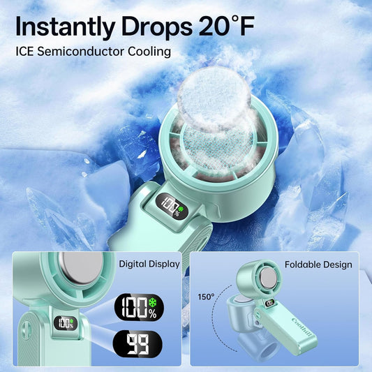 Handheld Portable Fan with Ice Cooler: 100-Speed 5500mAh Rechargeable Handheld Fan, 12H Time Hand Cooling Personal Fans with 20000 RPM Air Turbo Tech for Travel Outdoor (Green)