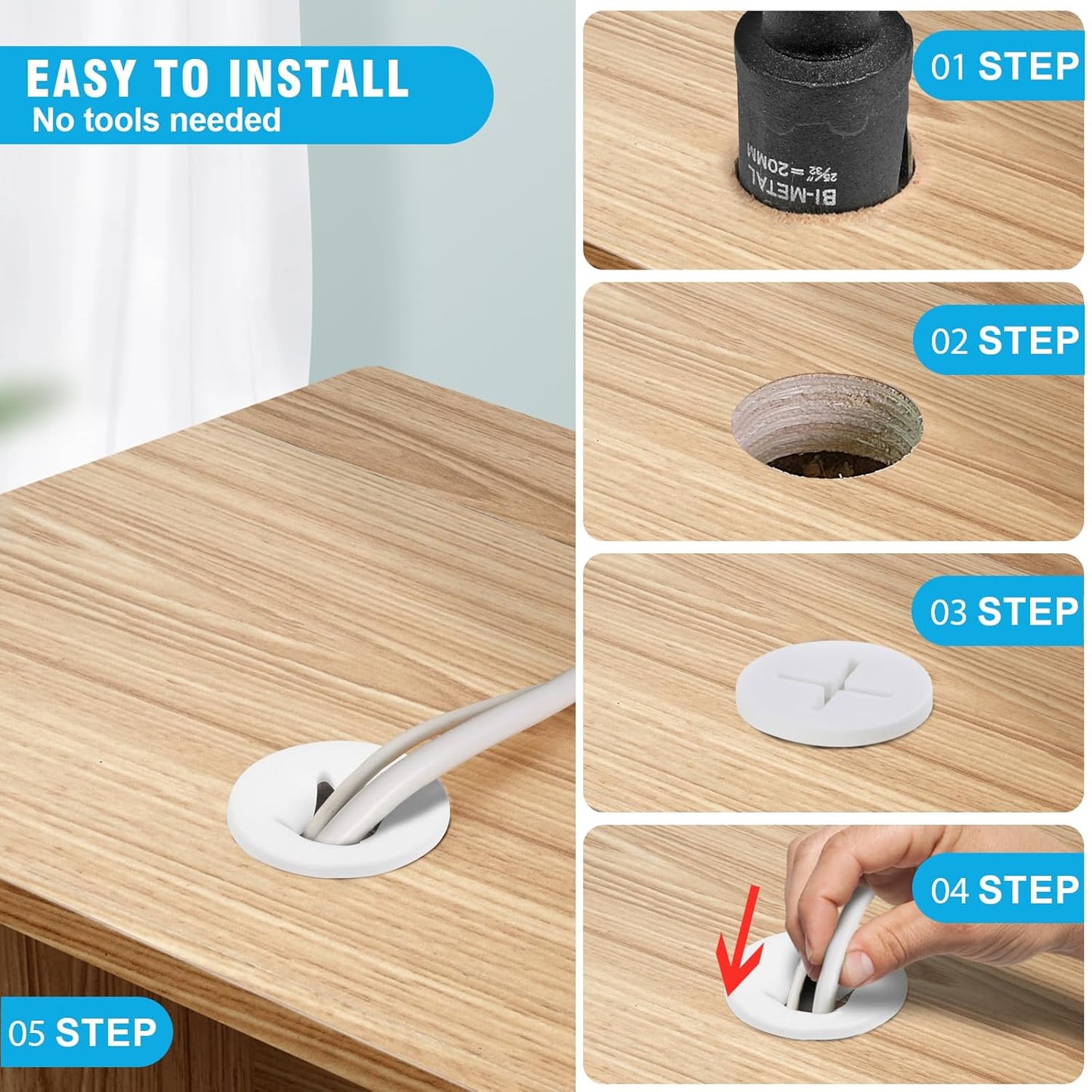 3/4" White Desk Grommet, JTemgle Flexible Cable Grommet with Bi-Metal Hole Saw Cross Rubber Cable Hole Cover Wire Organizer Caps Desktop Cord Management for Home Office TV Stands Tabletops, 13 Pieces