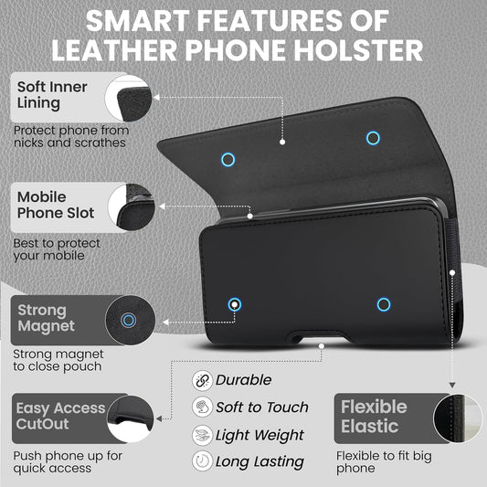 Leather Phone Holster for Men & Women, Horizontal Cell Phone Case, Fits iPhone 13/12 Mini, SE, Xs/X, 8, 6s - Belt Clip/Loop Carrying Phone Pouch Holder, Black Small