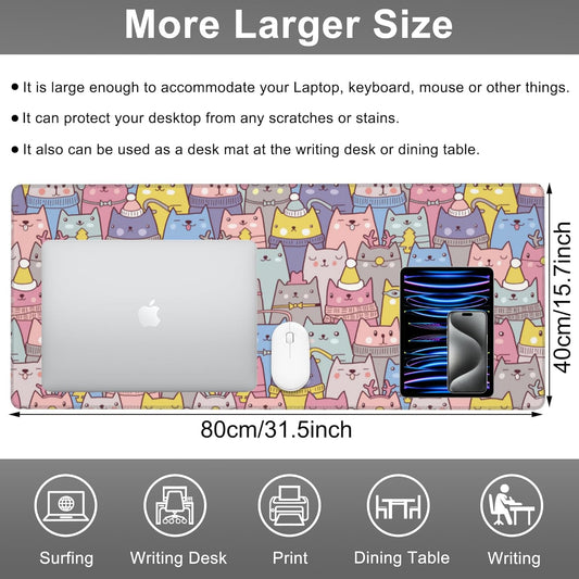 Mouse Pad, Large Cute Christmas Cats Desk Mat, Extended Non-Slip Gaming Keyboard Mousepad Desk Pad, Thick Stitched Edges Waterproof Mouse Mat 31.5"x15.7" (Cartoon Christmas Kittens)
