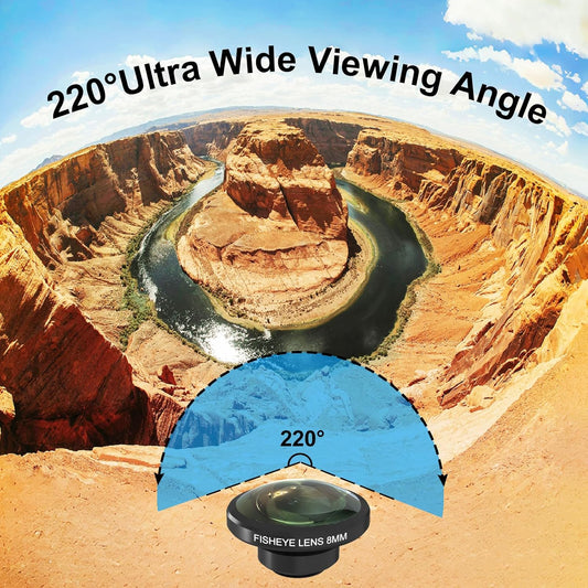 8MM 220°Fisheye Lens for iPhone Android Smartphone, Compatible with SmallRig NEEWER Phone Cage, with 17mm Thread Universal Phone Lens Clip and Black Portable Bag