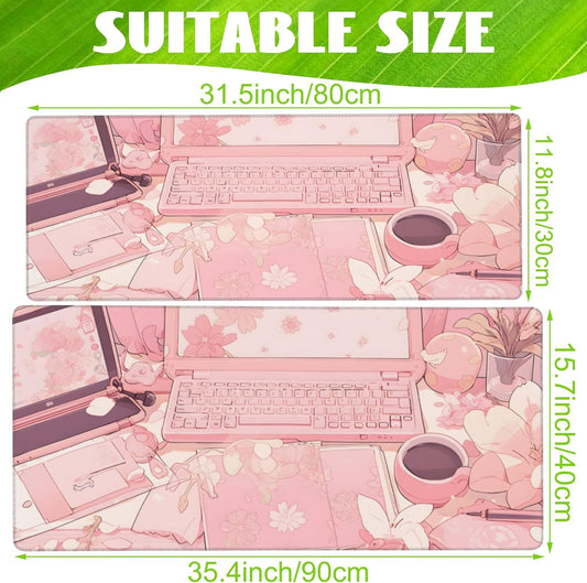 Large Gaming Mouse Pad for Desk,Pink Kawaii Anime Girl Desk Desk Mat,Kawaii Anime Desktop Desk Pad,Extended Big Computer Keyboard Mouse Pad with Non-Slip Base and Stitched Edge,31.5"x11.8"