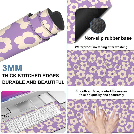 Vintage Groovy Flowers Gaming Mouse Pad 3mm Thick Stitched Edge Waterproof Non-Slip Large Computer Keyboard Mouse Mat,Suitable for Office Entertainment Decorative Desk Pad 35.4 x 15.7 Inches